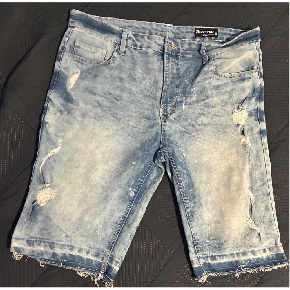 Southpole Mens Slim Fit Distressed Acid Wash Denim Shorts Light Blue Size 38